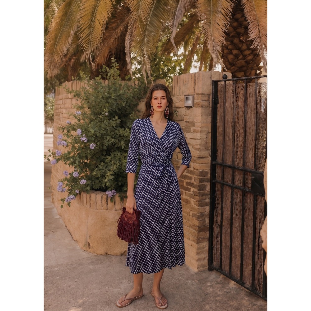 Leota Wrap Dress Womens XL Navy Blue Geometric Polka Dot Birds and the Bees NWT